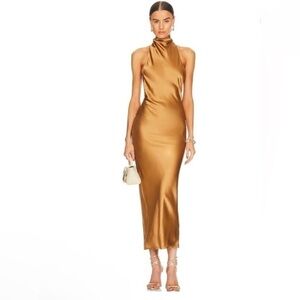 AEXAE 100% Silk Maxi Dress in Light Brown size Small